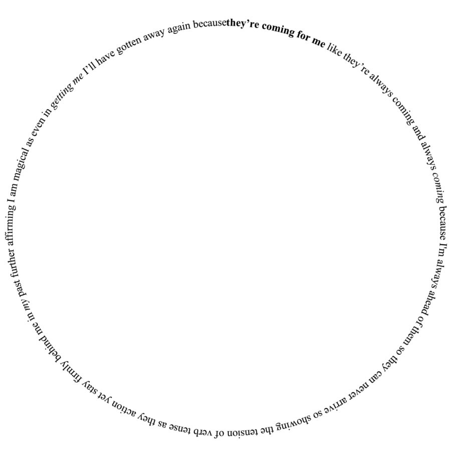 A visual poem presented as circle of words. The continuous line of typed text forming a circle reads: ‘they’re coming for me like they’re always coming and always coming because I'm always ahead of them so they can never arrive so showing the tension of verb tense as they action yet stay firmly behind me in my past further affirming I am magical as even in getting me I’ll have gotten away again because.’