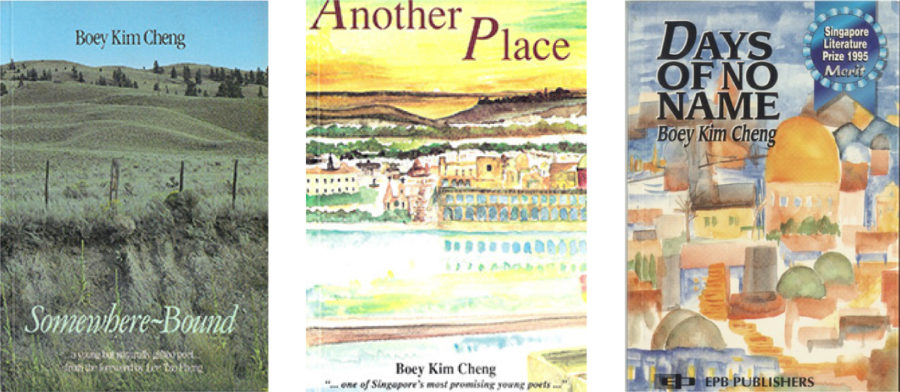 Three book covers for works by Boey Kim Cheng: Somewhere Bound, Another Place, Days of No Name.