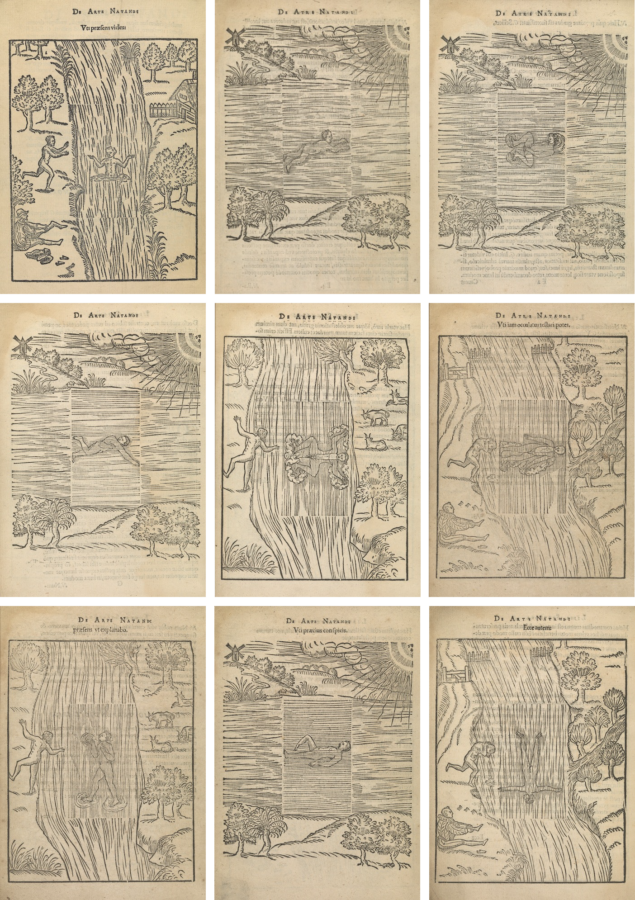9 woodcut prints in black ink on paper, arranged in a 3x3 grid. Each image depicts a person in a body of water: standing, floating or swimming. 