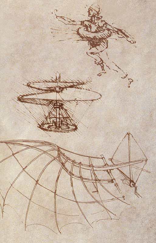 Drawings in ink on paper. In the top right is a man wearing a flotation ring around his torso. Below are designs for devices for flying.