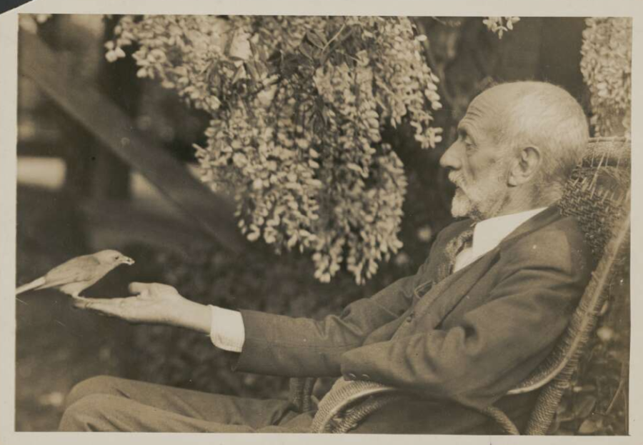A black and white photograph of an elderly white man in an armchair. A small bird perches on his outstretched hand.