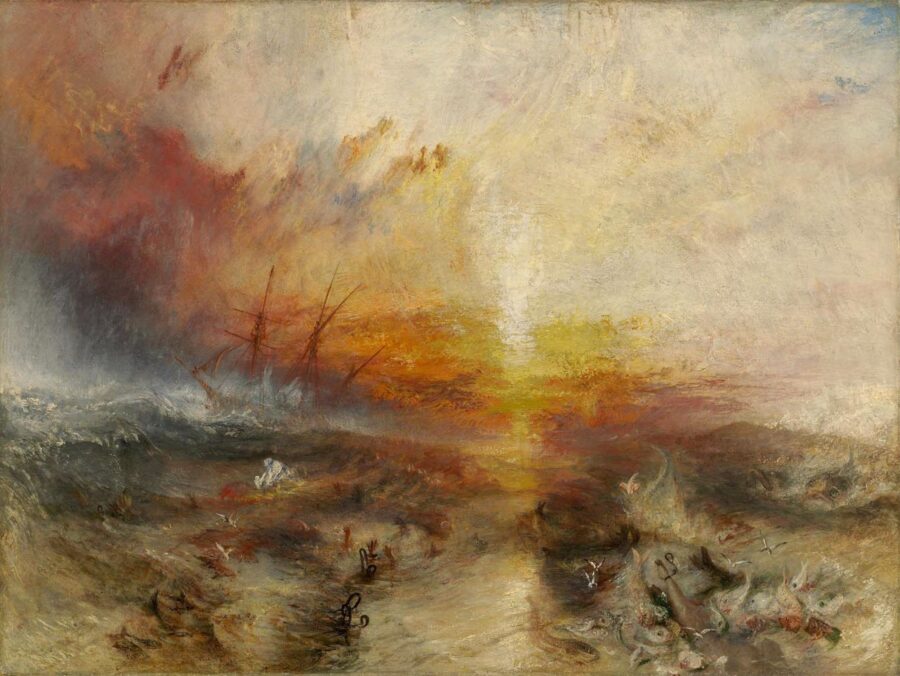 An impressionistic oil painting that depicts a ship on a turbulent blue-grey ocean in front of a vivid orange horizon and dramatic pink and purple clouds to the left that merge with the rising waves. Numerous hands reach out from the water.