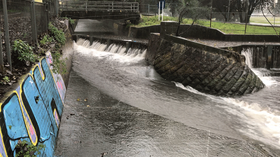 a moving image from colour photographs showing water rushing through a paved and concrete catchment within a suburban area next to a park.