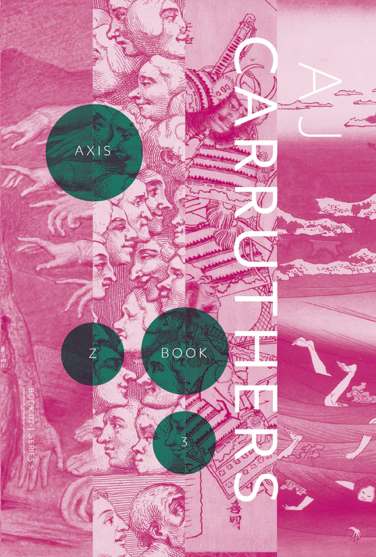 A pink monochromatic image split into four panels. On the right hand side the author name 'A J CARRUTHERS' is placed vertically. There are four forest green dots of varying sizes, that spell out the name of the book Axis Z Book 3.